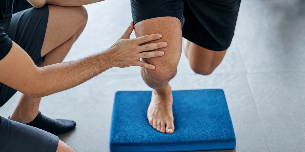 Knee proprioception training on balance pad close-up — ski/snowboard season prep