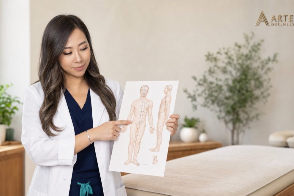 Mandy Tam, Registered Acupuncturist (R.Ac), explaining a TCM meridian chart in her Richmond BC clinic