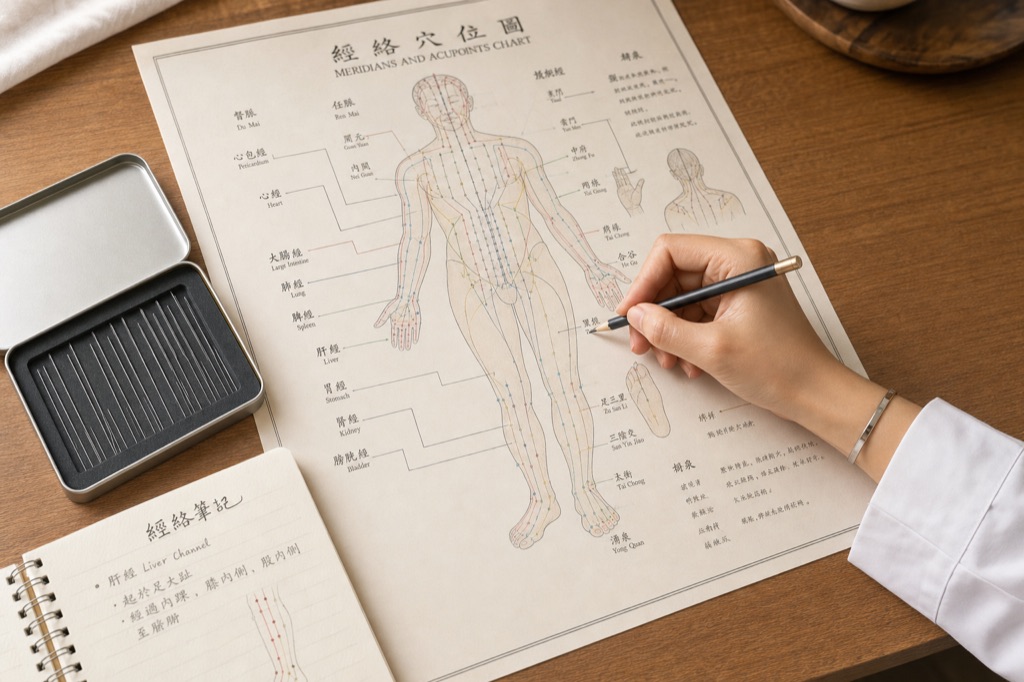 诊所治疗台上摊开的中医经络参考图谱与标注铅笔