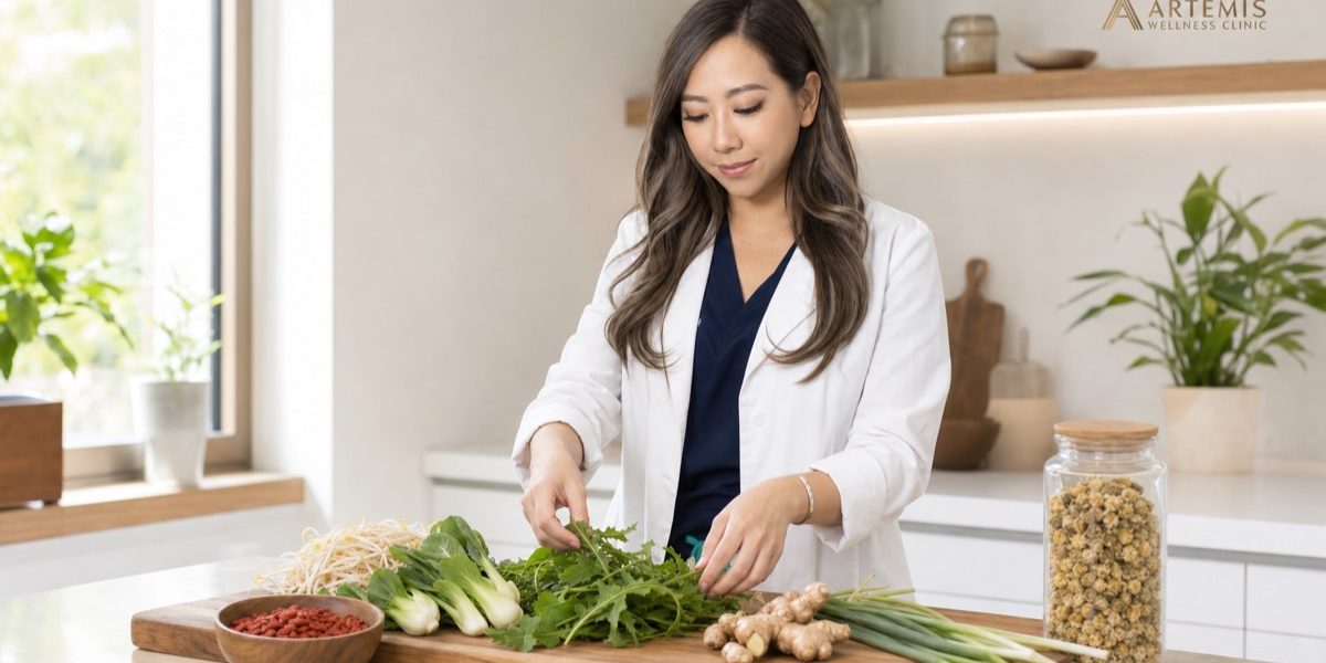 Mandy Tam, R.Ac, preparing traditional Chinese spring medicinal herbs at Artemis Wellness Clinic Richmond BC