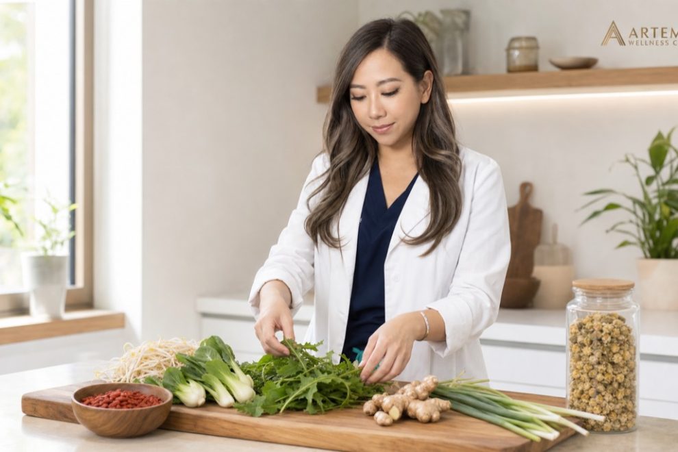 Mandy Tam, R.Ac, preparing traditional Chinese spring medicinal herbs at Artemis Wellness Clinic Richmond BC