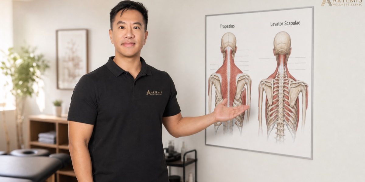 Dave Tam, RMT ਡਾਇਰੈਕਟਰ Artemis ਵੈਲਨੈਸ ਕਲੀਨਿਕ ਰਿਚਮੰਡ BC, ਟ੍ਰੈਪੀਜ਼ੀਅਸ ਮਾਸਪੇਸ਼ੀ ਚਾਰਟ ਨੇੜੇ ਮੋਢੇ ਦੀ ਸਰੀਰ ਰਚਨਾ ਸਮਝਾਉਂਦਾ ਹੋਇਆ