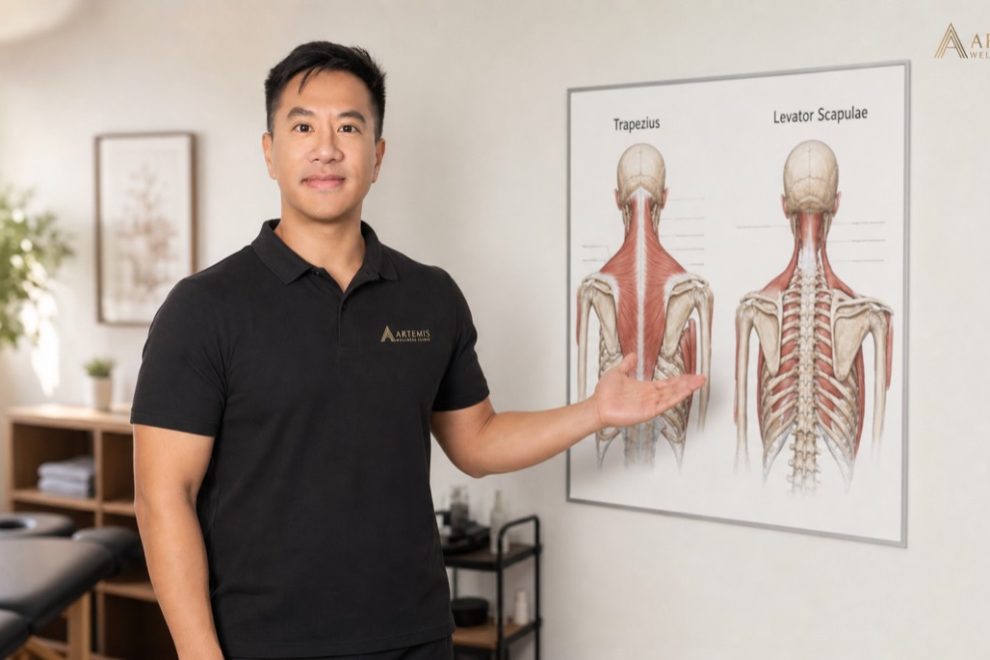 Dave Tam, RMT 主任 (Artemis 列治文健康诊所), 在斜方肌解剖图前讲解肩部解剖