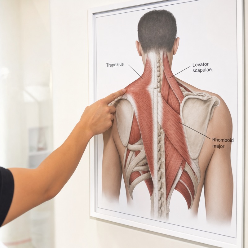 Trapezius, levator scapulae, and rhomboid muscles — the three-muscle group most patients call 'tight shoulders' — clinical reference at Artemis Wellness Clinic Richmond BC