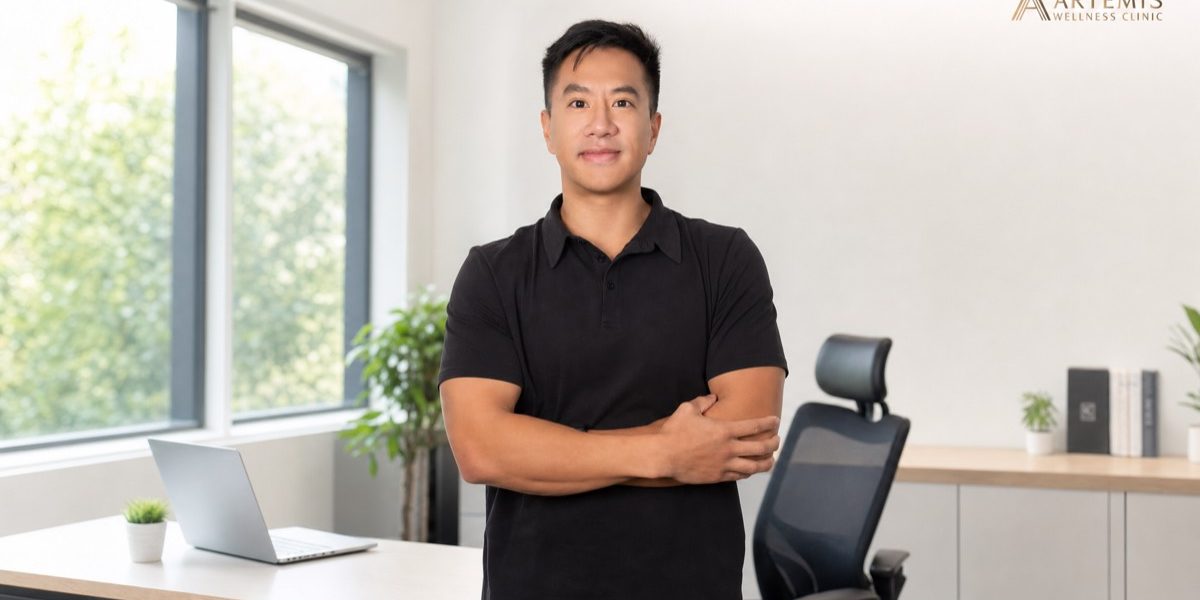 Dave Tam, RMT 主任 (Artemis 列治文), 演示办公族正确的颈椎收下巴姿势