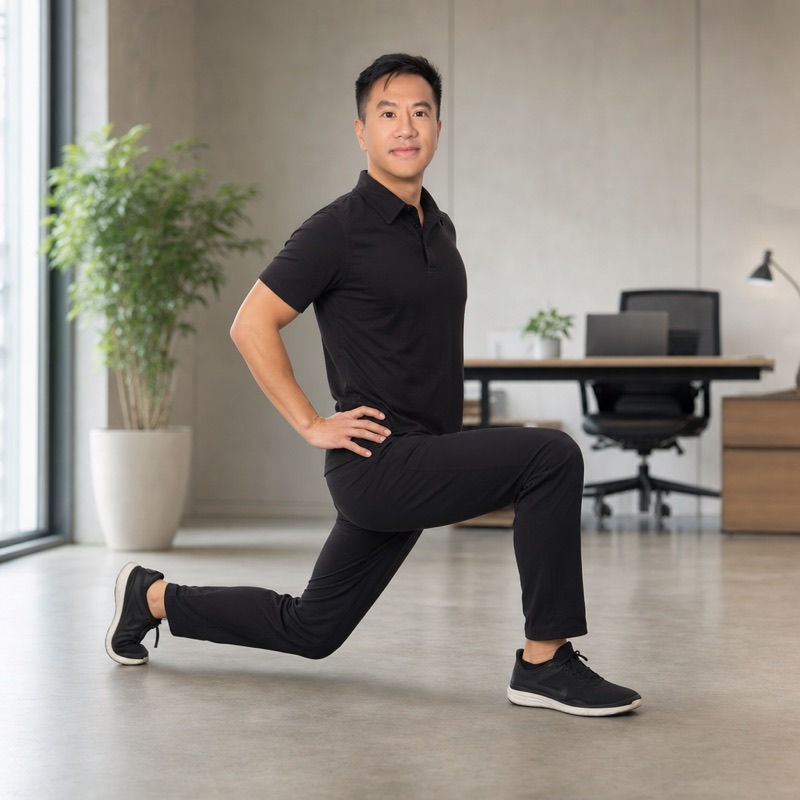 ਸਟ੍ਰੈਚ 5 — ਕੁੱਲ੍ਹੇ ਦੀ ਖਿੱਚ — ਡੇਵ ਟਾਮ, RMT Hip flexor lunge stretch — ਡੇਵ ਟਾਮ RMT ਦੁਆਰਾ ਡੈਸਕ ਕਾਮਿਆਂ ਦੀ ਲੱਕ ਦੀ ਤਣਾਅ ਲਈ ਸਹੀ ਤਰੀਕਾ