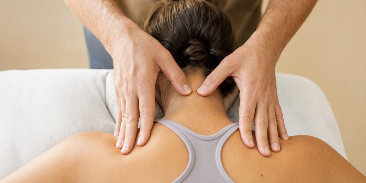 Osteopath's gentle hands-on treatment of the neck and upper back for headache and tension relief at Artemis Wellness Clinic Richmond BC