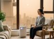 Woman breathing calmly indoors beside a HEPA air purifier while wildfire smoke haze covers the city outside — smoke-season self-care, Artemis Wellness Clinic Richmond BC