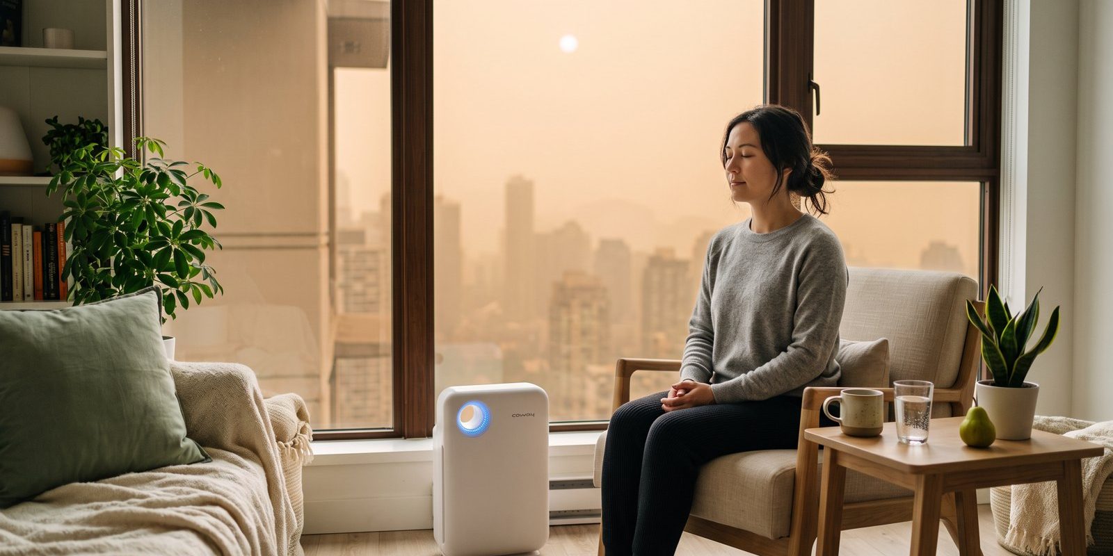Woman breathing calmly indoors beside a HEPA air purifier while wildfire smoke haze covers the city outside — smoke-season self-care, Artemis Wellness Clinic Richmond BC