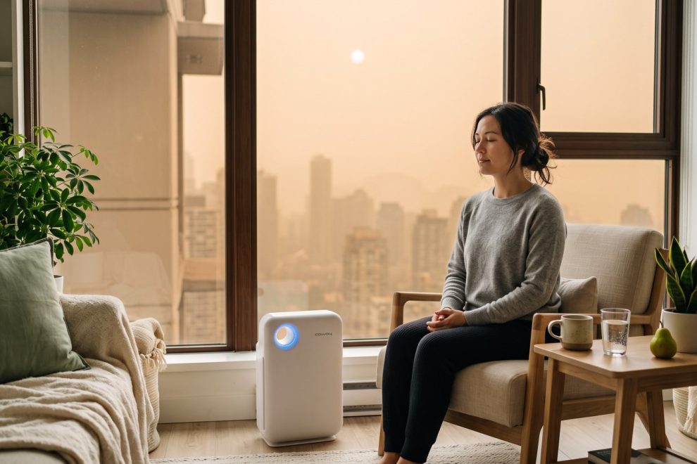 Woman breathing calmly indoors beside a HEPA air purifier while wildfire smoke haze covers the city outside — smoke-season self-care, Artemis Wellness Clinic Richmond BC