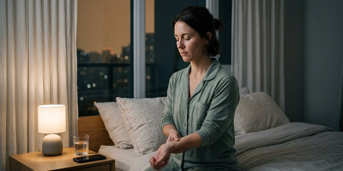 Woman using calming wrist acupressure at bedtime with phone set aside during smoke season — Artemis Wellness Clinic, Richmond BC