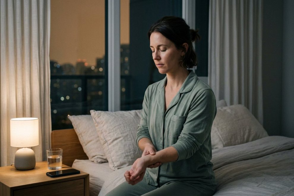 Woman using calming wrist acupressure at bedtime with phone set aside during smoke season — Artemis Wellness Clinic, Richmond BC