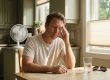 Man easing a summer heat headache at a sunlit kitchen table with water and a fan — Artemis Wellness Clinic, Richmond BC