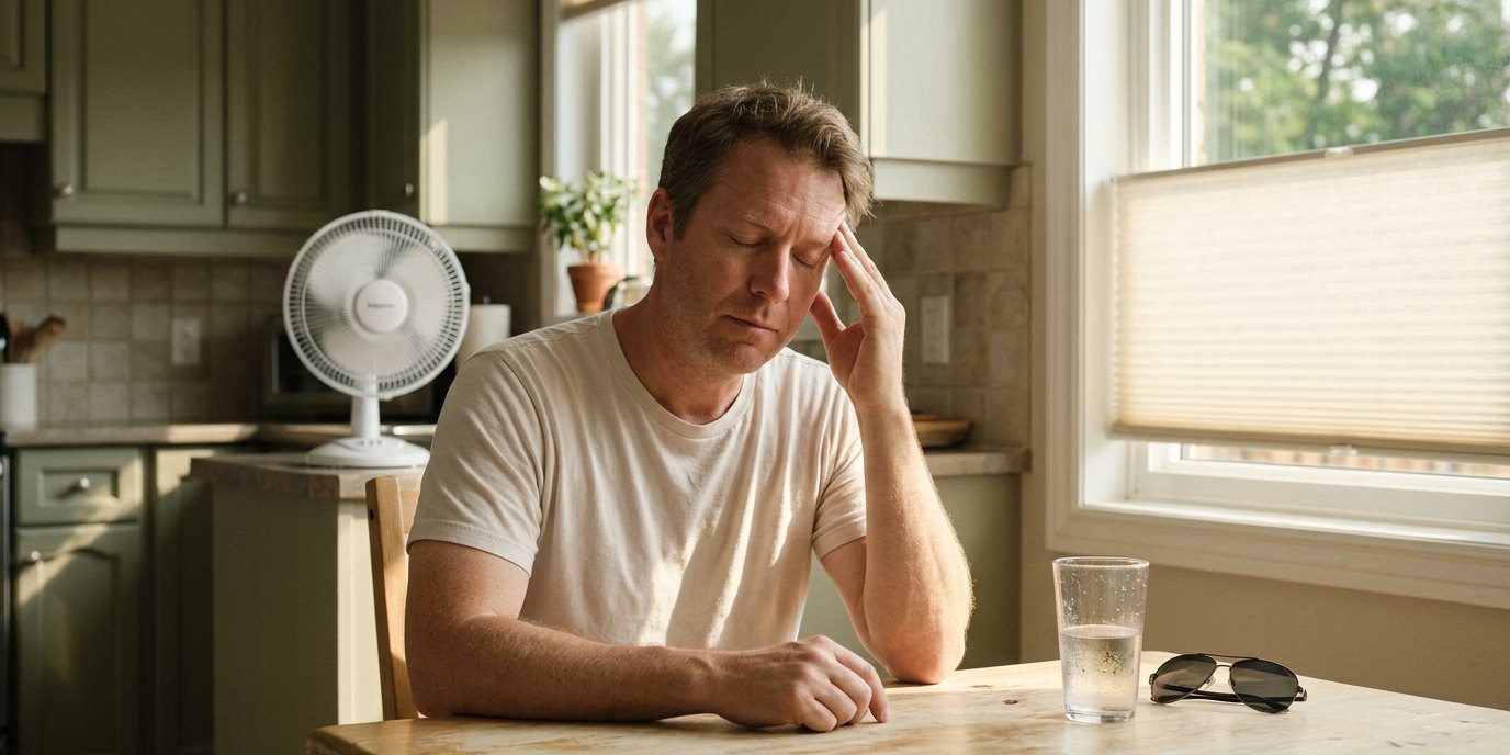 Man easing a summer heat headache at a sunlit kitchen table with water and a fan — Artemis Wellness Clinic, Richmond BC
