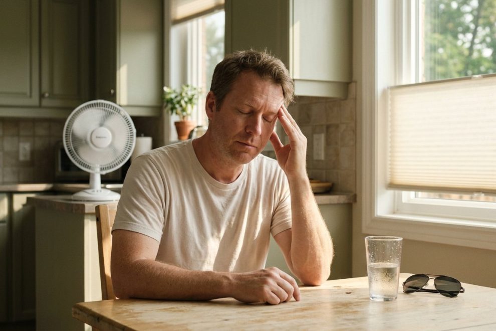 Man easing a summer heat headache at a sunlit kitchen table with water and a fan — Artemis Wellness Clinic, Richmond BC