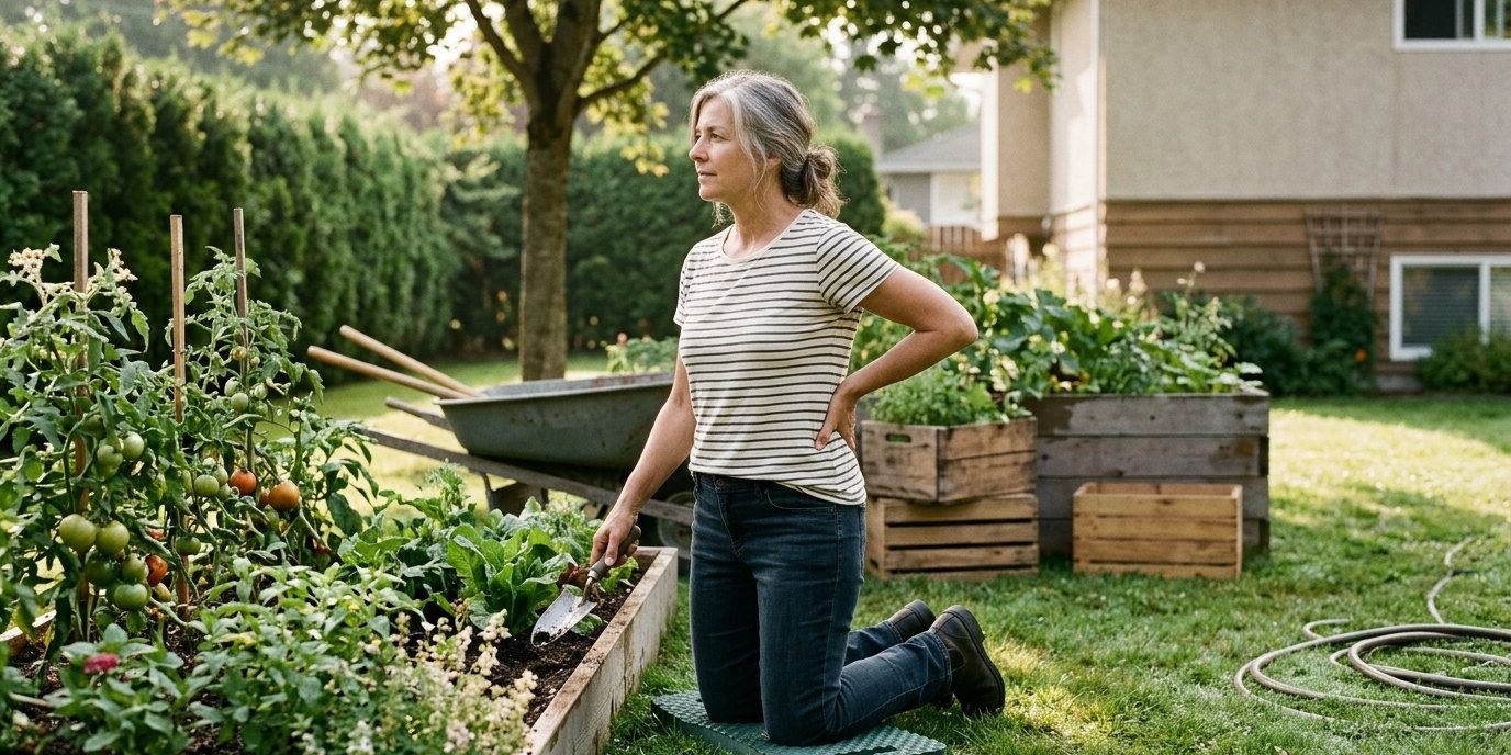 Gardener kneeling on a pad in a Richmond BC backyard garden, pausing with a hand on her lower back — gardening back pain recovery, Artemis Wellness Clinic