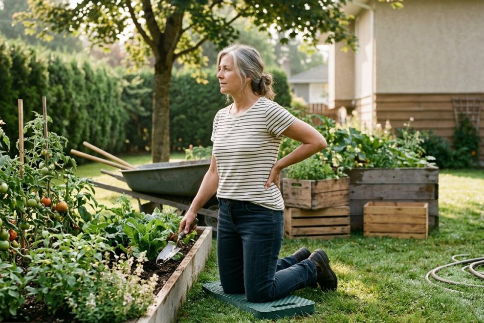 Gardener kneeling on a pad in a Richmond BC backyard garden, pausing with a hand on her lower back — gardening back pain recovery, Artemis Wellness Clinic