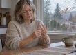 A woman in her fifties sits at her kitchen table on a cold, rainy autumn morning, slowly rubbing and flexing her stiff fingers.