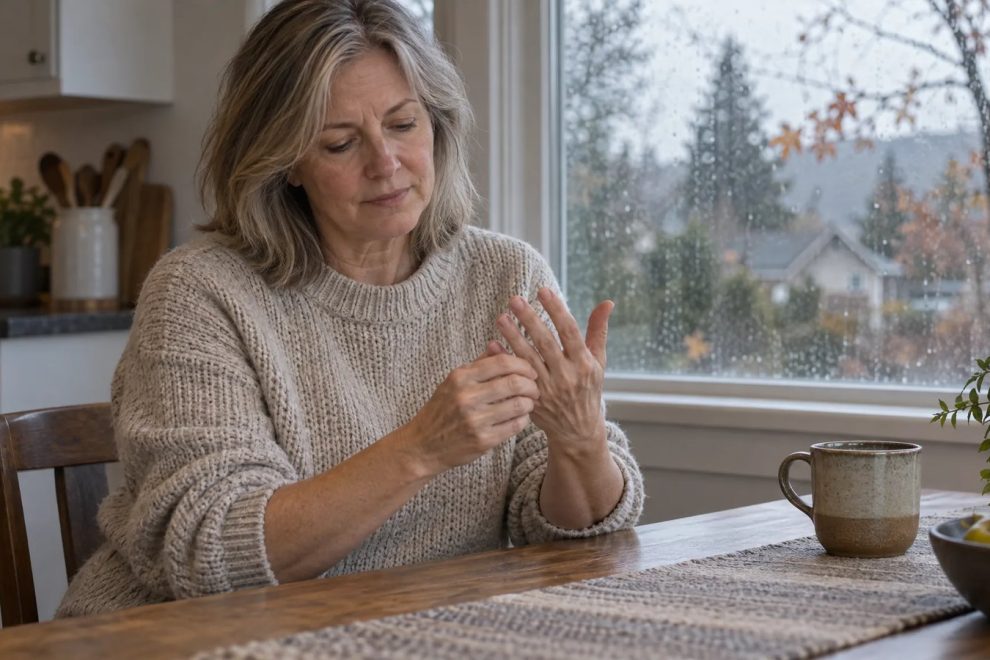 A woman in her fifties sits at her kitchen table on a cold, rainy autumn morning, slowly rubbing and flexing her stiff fingers.