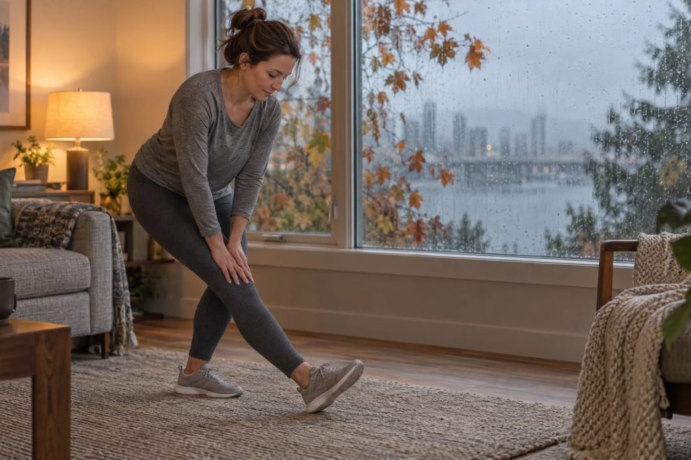 A woman does a slow standing hamstring stretch on her living-room rug while heavy autumn rain runs down the window behind her.